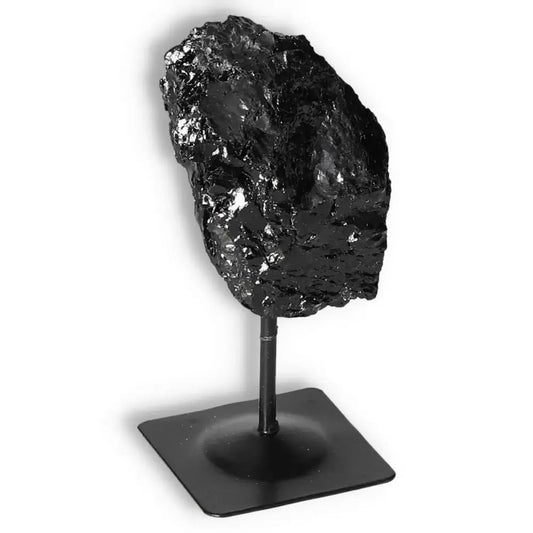 Rough Black Tourmaline on Metal Stand S by Sylvia Crystals, ideal for transforming negative energies and grounding.