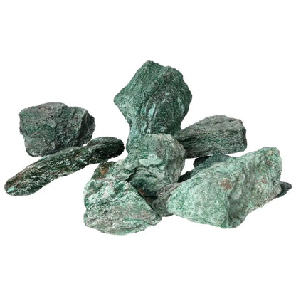 Rough Fuchsite 1 kg stones showcasing vivid green hues, highlighting Sylvia Crystals' luxury and craftsmanship.
