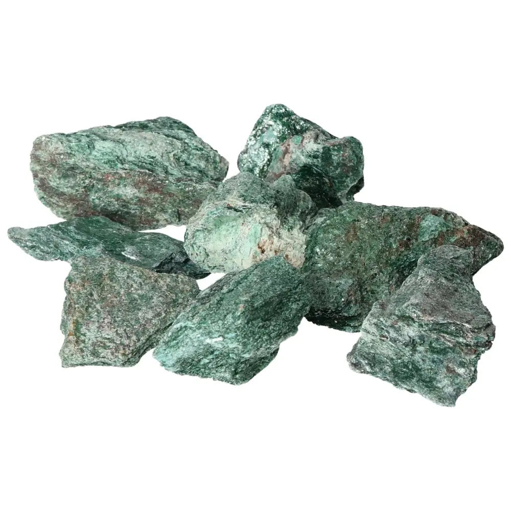 Pile of Rough Fuchsite stones weighing 1 kg, showcasing vivid green hues, available at Sylvia Crystals for spiritual healing.