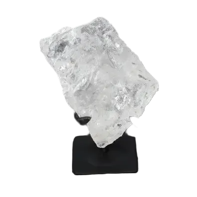 Rough Lemurian Quartz on metal stand by Sylvia Crystals, known for energy balance and harmony, displayed on a dark background.