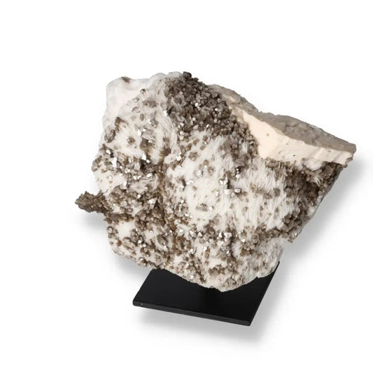 Rough Mica with Albite on Metal Stand by Sylvia Crystals, highlighting natural beauty and elegance, perfect for decorative display.