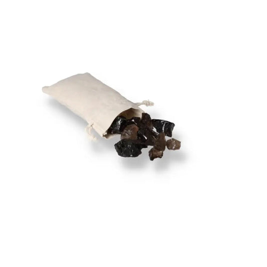 Rough Smoky Quartz stones spilling from a pouch, symbolizing elegance and grounding energy, ideal for clarity in decision-making.