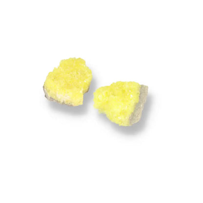 Two vibrant yellow Rough Sulphur Druze L crystals exemplifying luxury and transformative energy from Sylvia Crystals.