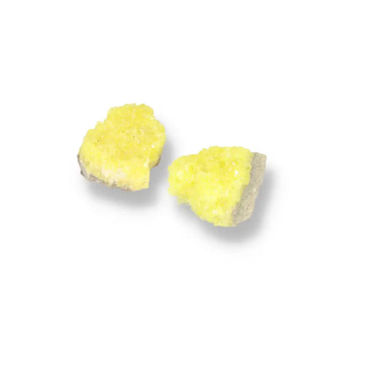 Two vibrant yellow Rough Sulphur Druze L crystals exemplifying luxury and transformative energy from Sylvia Crystals.