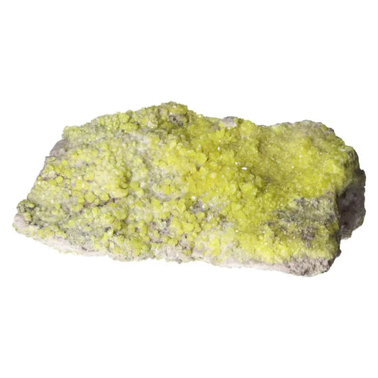 Rough Sulphur Druze mineral specimen with vibrant yellow crystal formations on a light base, showcasing unique texture and color.