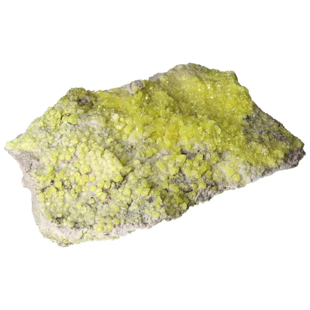 Rough sulphur druzy mineral specimen with crystalline surface, bright yellow in color, ideal for collectors and enthusiasts.
