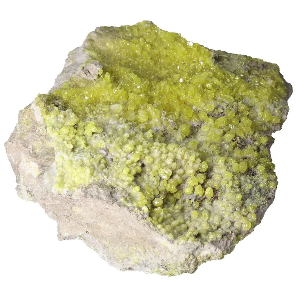 Rough sulphur druze crystal with vibrant yellow hues and natural texture, perfect for collectors and crystal enthusiasts.