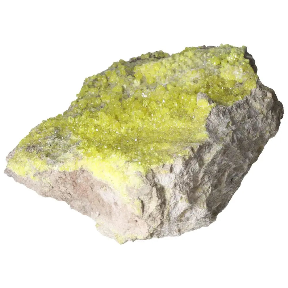 Rough sulphur druze with vibrant yellow crystals and rough stone base, showcasing natural mineral beauty.