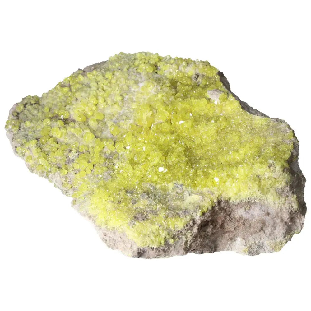 Rough sulphur druzy mineral specimen with vibrant yellow crystals on a stone base, ideal for collectors and geologists.
