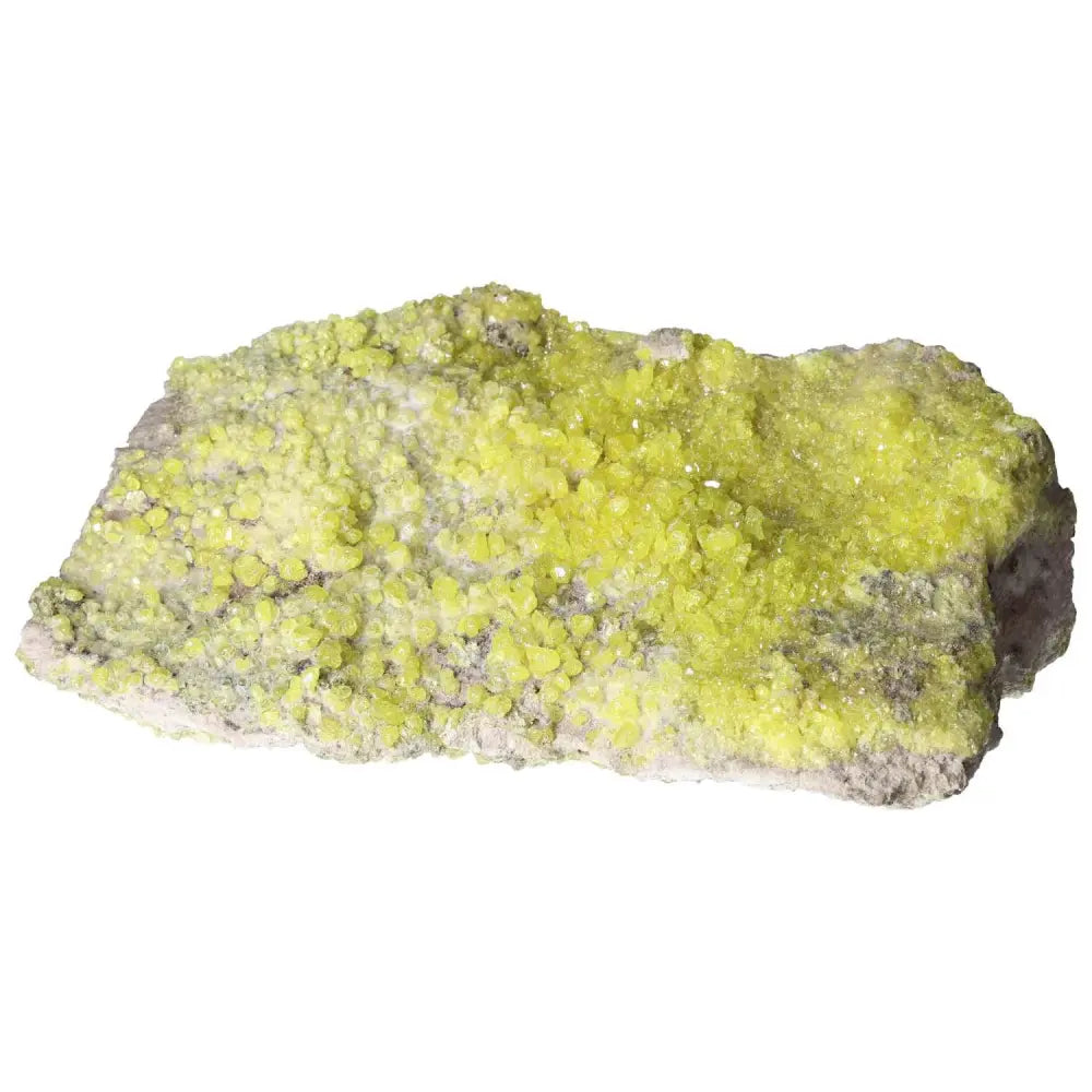 Rough Sulphur Druze mineral specimen showcasing vibrant yellow crystals on a natural rocky base