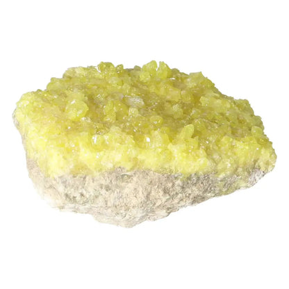 Vibrant yellow Rough Sulphur Druze crystal from Sylvia Crystals, showcasing natural beauty and premium quality.