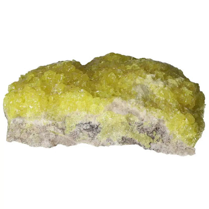 Rough Sulphur Druze crystal featuring bright yellow formations, perfect for collectors of unique mineral specimens.