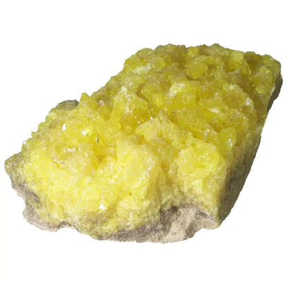 Alt Tag: Rough Sulphur Druze mineral specimen featuring vibrant yellow hues and intricate crystal druze surface from Sylvia Crystals collection.