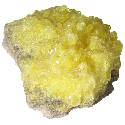 Vibrant Rough Sulphur Druze from Sylvia Crystals, featuring intricate yellow hues and energizing properties.