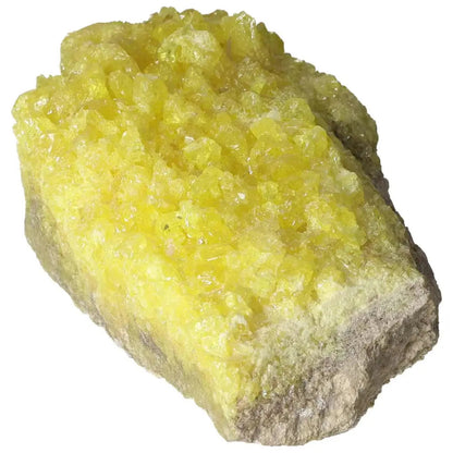 Rough Sulphur Druze crystal with vibrant yellow hues, premium mineral specimen from Sylvia Crystals known for its energizing properties.