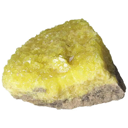 Vibrant yellow Rough Sulphur Druze mineral specimen by Sylvia Crystals, showcasing unique crystalline structure for collectors.