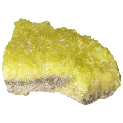 Yellow Rough Sulphur Druze crystal from Sylvia Crystals showcasing vibrant color and intricate formations on a stone base.