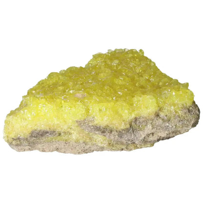 Rough Sulphur Druze from Sylvia Crystals with vibrant yellow hue and crystalline formations, symbolizing natural beauty and spiritual significance.