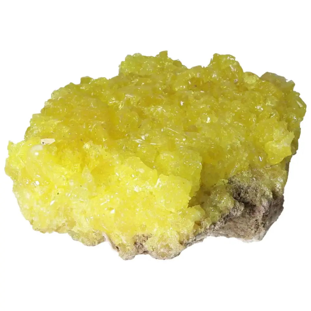 Vibrant yellow Rough Sulphur Druze crystal with textured surface, symbolizing natural elegance and spiritual harmony.