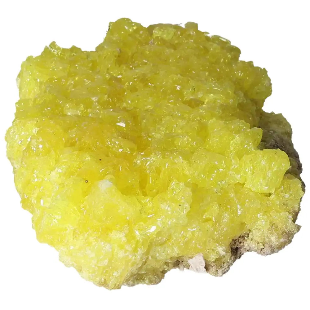 Vibrant yellow Rough Sulphur Druze crystal with unique textured surface, symbolizing natural elegance and spiritual harmony.