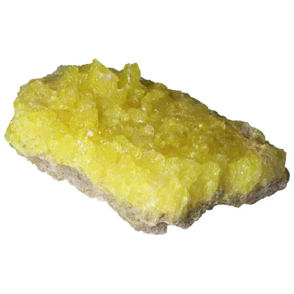 Vibrant yellow Rough Sulphur Druze crystal from Sylvia Crystals, featuring intricate druzy surface ideal for mineral collections.