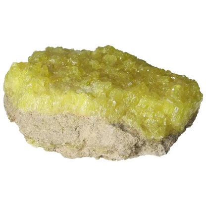 Rough Sulphur Druze with vibrant yellow crystals from Sylvia Crystals. Ideal for collections and decor. Rustic, unique, and captivating.