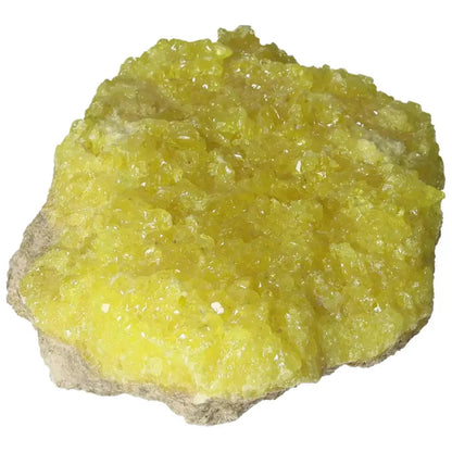 Rough Sulphur Druze with vibrant yellow crystals, from Sylvia Crystals, perfect as a centerpiece for collections and decor.
