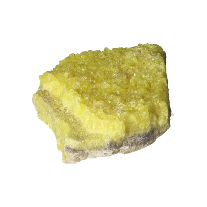 Rough Sulphur Druze crystal with vibrant yellow hues and intricate structure, sourced from Sylvia Crystals' premium collection.