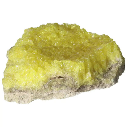Rough Sulphur Druze with yellow sulphur crystals, part of Sylvia Crystals collection, showcasing natural raw beauty and unique energy.