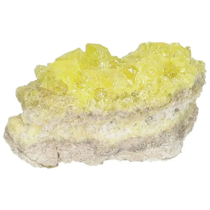 Rough sulfur druze showcasing vibrant yellow crystals on a rugged matrix, known for its energy and purification properties - Sylvia Crystals