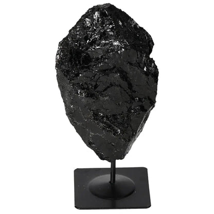 Exquisite rough tourmaline with metal stand, designed by Sylvia Crystals, showcasing unique charm and mystical benefits.