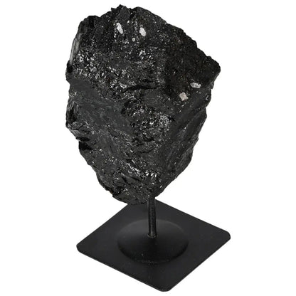 Premium Rough Tourmaline With Metal Stand by Sylvia Crystals, featuring a raw black tourmaline stone on a square base.