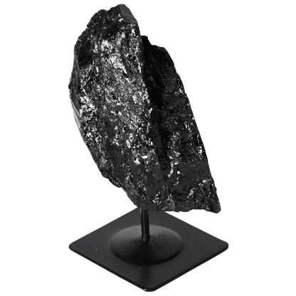 Rough Black Tourmaline on Metal Stand by Sylvia Crystals, showcasing natural energy-balancing properties, premium quality.