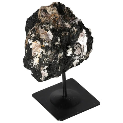 Rough tourmaline on a sleek metal stand showcasing its natural elegance and mystique, ideal as an interior centerpiece. Sylvia Crystals.