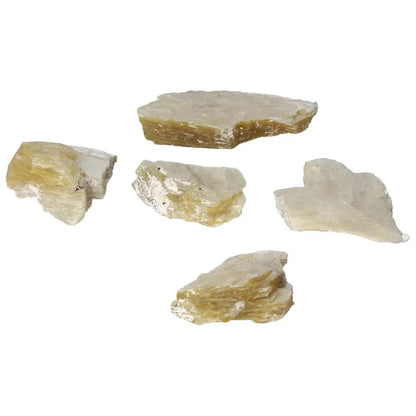 Five rough yellow mica stones from Sylvia Crystals, showcasing their natural beauty and earthy energy for spiritual exploration.