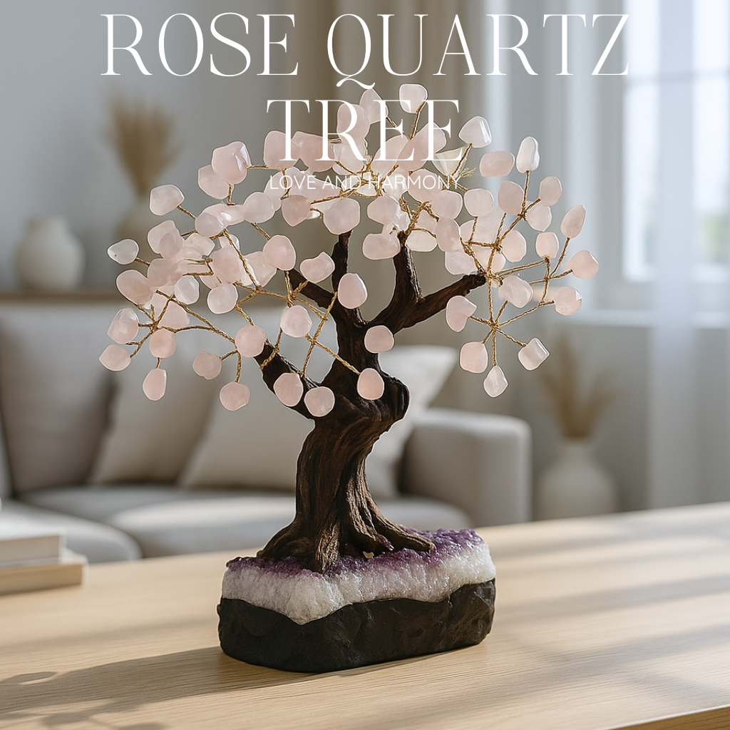 Getrommelter Rosenquarz-Baum 30 cm – Polierte Liebe und Sanfte Energie