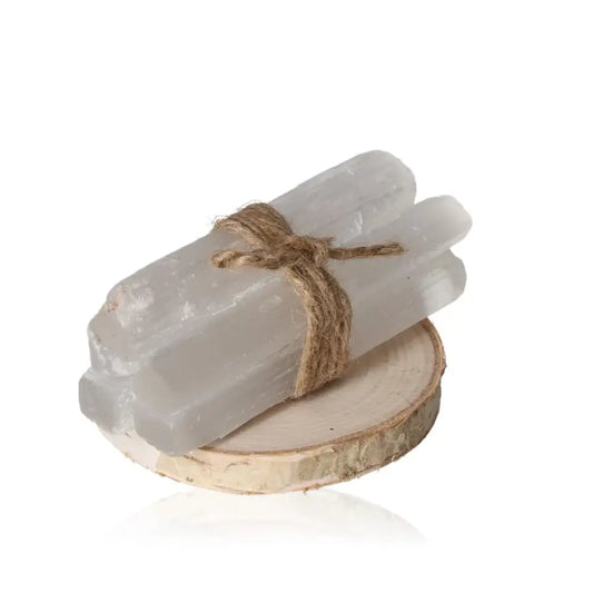 Selenite Rough Pak 10cm with natural striations, tied with twine on wooden base, ideal for collectors seeking clarity and calm.