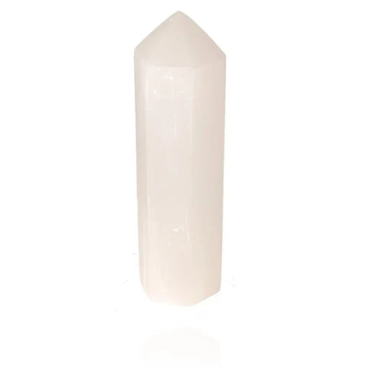 Hexagonal selenite tower from Sylvia Crystals for spiritual growth and mindfulness, ethically sourced and premium quality.