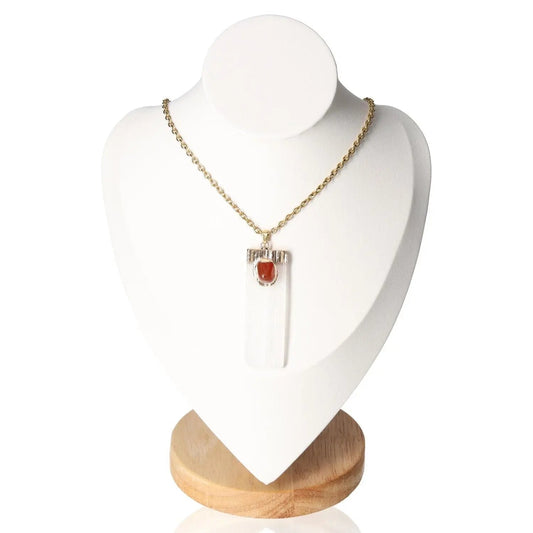 Elegant Selenite with Carnelian Necklace on display, crafted by Sylvia Crystals. Perfect for spiritual growth and mindful living.