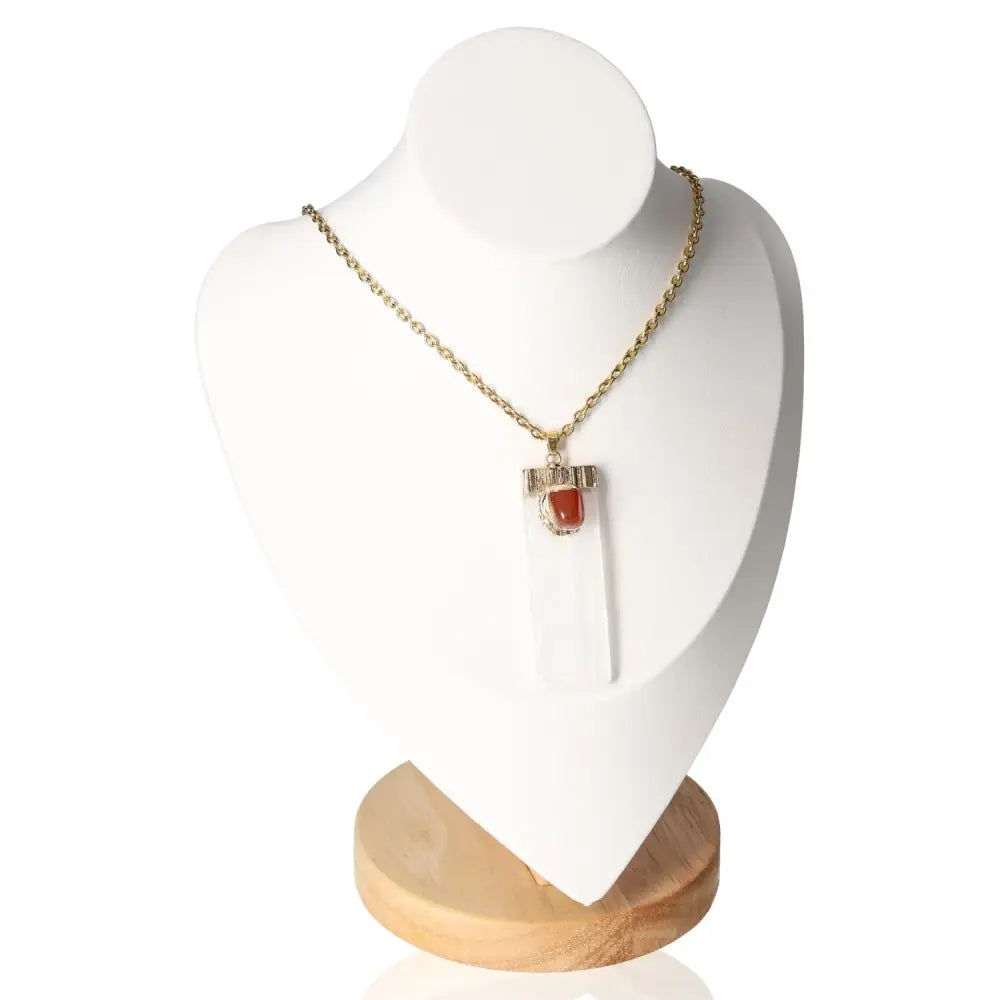 Selenite with Carnelian Necklace by Sylvia Crystals on display bust, showcasing crystal energies for spiritual growth and mindful living.