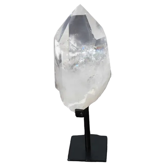 Semi polished clear quartz point on a stand, perfect for energy amplification and meditation. Known as a Master Healer crystal.