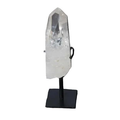 Semi Polished Clear Quartz Point on stand, ideal for meditation, energy work, enhancing clarity and intention, on a dark background.