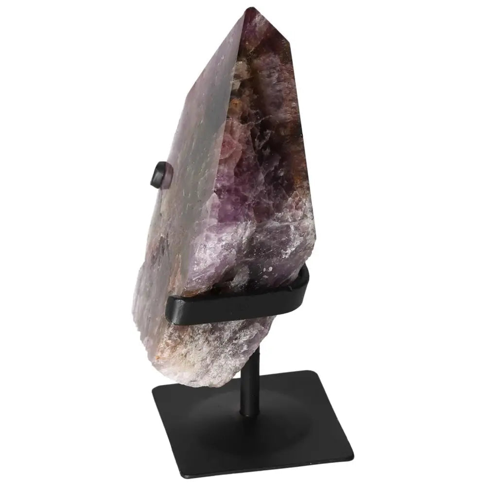 Seven Point Polished Amethyst crystal from Sylvia Crystals, displayed on a metal stand, showcasing its natural beauty and stress-relief properties.