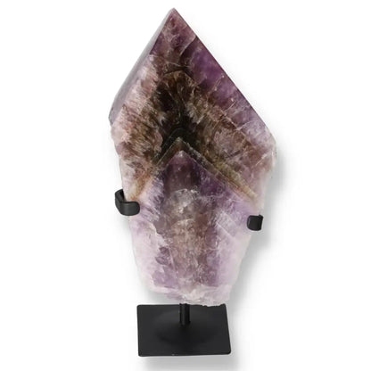 Seven Point Polished Amethyst crystal on stand, enhancing decor with tranquility and elegance from Sylvia Crystals.
