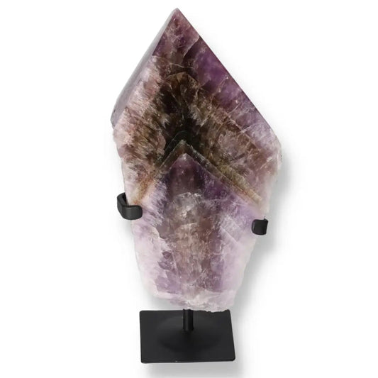 Seven Point Polished Amethyst crystal on stand, enhancing decor with tranquility and elegance from Sylvia Crystals.