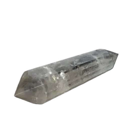 Polished Smoky Quartz point on a dark background, showcasing its translucent, smoky brown tones for grounding and protective energy.