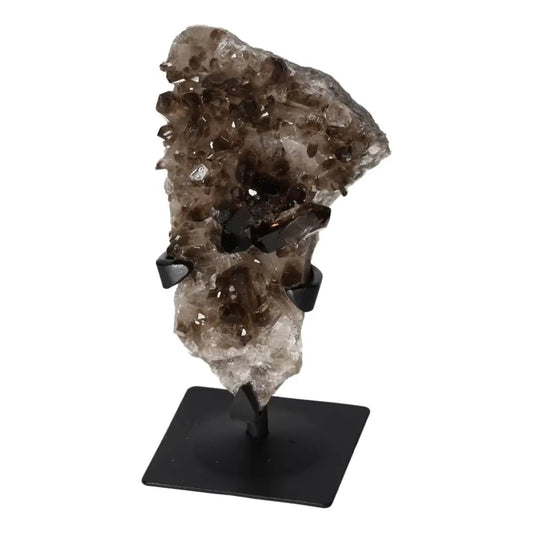 Smoky Quartz crystal on a metal stand from Sylvia Crystals, enhancing decor with elegance and promoting mental clarity.