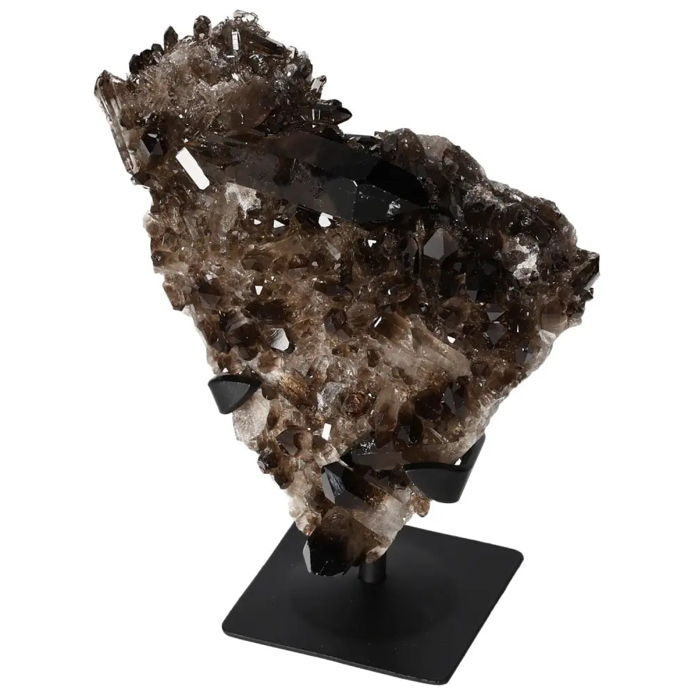 Smoky Quartz on Metal Stand from Sylvia Crystals, enhancing practical thinking and balance for professionals. Premium spiritual decor.
