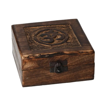 Square wooden keepsake box with carved Om symbol, 13x13x6 cm