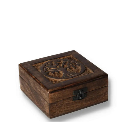 Square wooden keepsake box 13x13x6cm with engraved Tree of Life design on lid.